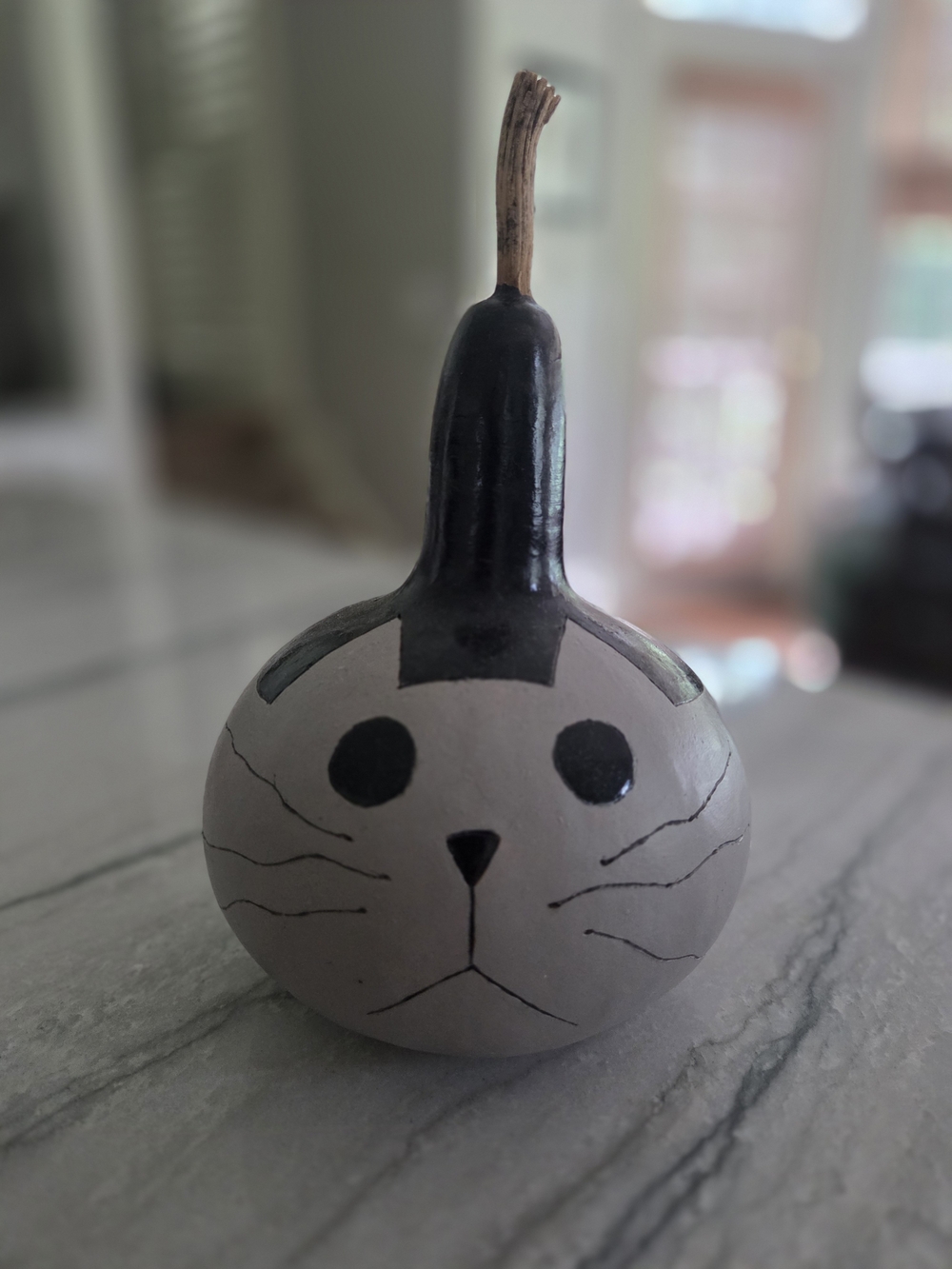 Hand-Painted Gray and Black Cat Gourd Décor